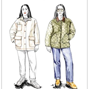 May include: Illustration of two outfits: a cream-colored barn coat and white pants, and a green quilted jacket with blue jeans. The text reads "Fowler" and "Barn Coat + Quilted Jacket" and "Closet Core Patterns".
