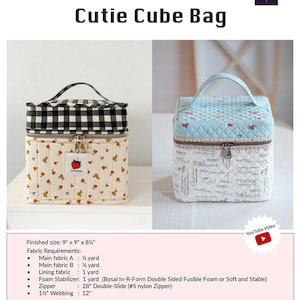 May include: A sewing pattern for a Cutie Cube Bag, a small, square-shaped bag with a handle. The pattern includes instructions for making the bag with different fabrics, including a checkered fabric, a floral fabric, and a fabric with a white background and black text. The pattern also includes instructions for adding a zipper and webbing. The pattern is available for purchase on the website sewingillustration.com. #MinkiKim #MinkiKimPattern #CutieCubeBag