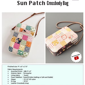 May include: A patchwork crossbody bag with a brown leather strap. The bag is made of colorful fabric squares and measures 9 inches by 6 inches by 2.5 inches. The bag is called "Sun Patch Crossbody Bag" and is designed by Minki Kim.