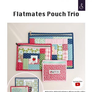 May include: A set of three patchwork fabric pouches with zipper closures. The pouches are in various sizes and feature different patterns, including a red and white gingham, a green and white floral, and a blue and white geometric pattern. The pouches are labeled with the text "#MinkiKim #MinkiKimPattern #FlatmatesPouchTrio".