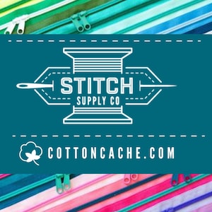May include: A collection of colorful zippers arranged in parallel rows, featuring a teal rectangular overlay with the white text STITCH SUPPLY CO and a needle and thread spool icon, along with the website address COTTONCACHE.COM.