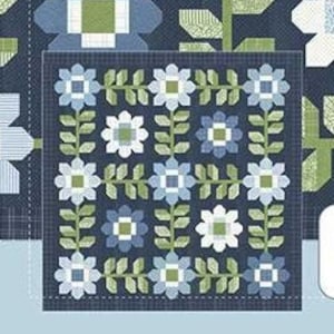 May include: A quilt pattern featuring a blue and white flower design with green stems and leaves. The pattern is called "Edelweiss" and is a 74-inch flower quilt. The pattern is from Thimble Blossoms by Camille Roskelley.
