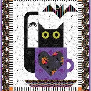 May include: A black cat with a spider hanging from its tail sits in a purple mug with a heart-shaped design. The mug is on a white background with black and white stripes and a border of ghosts and bats. The text "CatBOOccino" and "By Sherri Noel" is at the bottom of the image. The image is 24 inches by 30 inches.
