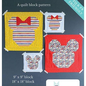 May include: A quilt block pattern for a Mickey Mouse design. The pattern is called "Take Me to the Magic Again!" and is friendly for both FQ and F8 fabric. The pattern includes three different sizes of the Mickey Mouse design, with the largest being 18 inches by 18 inches.