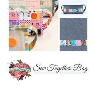May include: A set of four colorful fabric bags with different patterns and designs. The bags have handles and are made of quilted fabric. The bags are labeled "Sew Together Bag" and feature a logo with the text "Sew Demented".