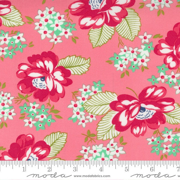 Moda One Fine Day Sunnyside Pink*55230 14*1/2 Yard Increments*Bonnie & Camille Floral*One Fine Day*Large Floral Print*Red Floral on Pink*