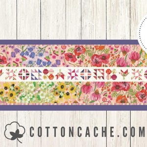 May include: A quilting kit featuring a floral pattern with red poppies, pink flowers, and green leaves. The kit includes a variety of fabrics and a border with a geometric design. The text "Kit" is written in a circle in the upper right corner of the image. The text "COTTONCACHE.COM" is written in the lower center of the image.