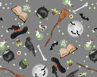 Studio E Paranormal Parade Witchy Motifs (8324-90 Gray) 1/2-YD Increments