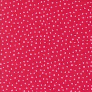 May include: A red fabric with a white polka dot pattern. The dots are randomly scattered across the fabric.