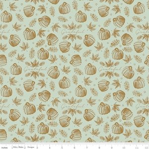 May include: A repeating pattern of pumpkins, leaves, and the word "Grateful" in a script font on a light green background. The pumpkins and leaves are in a warm brown color. The pattern is suitable for fall-themed crafts.