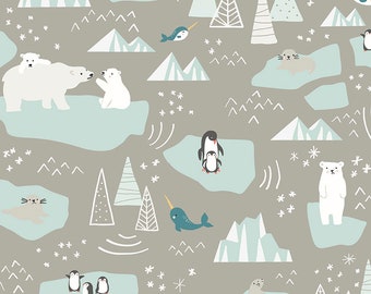 Riley Blake Designs Nice Ice Baby Main Gray (C11600-GRAY) 1/2-YD Increments*Polar Bears*Penguins*Narwhals*Seals*Nice Ice Baby*Icebergs*Baby