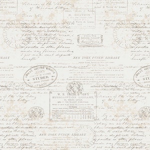 May include: A vintage-style background with a distressed white and gray color scheme. The background features a repeating pattern of handwritten text, stamps, and labels. The text includes phrases like "From the Bookshop" and "New York Public Library".