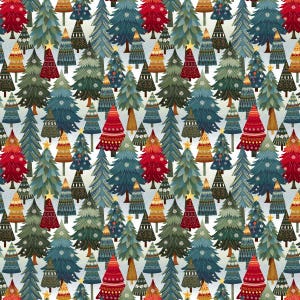 May include: A repeating pattern featuring stylized Christmas trees in shades of red, green, blue, and gold. The trees display various textures, geometric patterns, and small white snowflake accents against a light, off-white background.