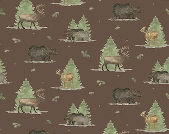 Riley Blake Designs Let's Get Lost in the Woods Main Brown (C15120-BROWN) 1/2-YD Increments*Cabin Print*Big Game Fabric*Forest*Bear Fabric*