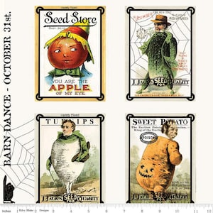 May include: Four vintage seed packets with illustrations of a red apple, a turnip, a man wearing a sweet potato costume, and a man wearing a green coat. The packets are all from J. Jacks Seed for Quality and feature the text "Old Favorites Have Taken a Back Seat".