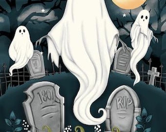 Henry Glass & Co. Ghosts in the Graveyard Panel Glow (2031PG-99 Multi) 2/3-YD Increments*Halloween Fabric*Halloween Panel*Ghost Panel*