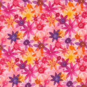 May include: A pink background with a repeating pattern of watercolor flowers in shades of pink, purple, orange, and yellow.