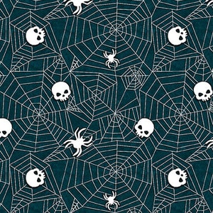 May include: A teal blue background with a white spiderweb pattern. The pattern includes white skulls and spiders.