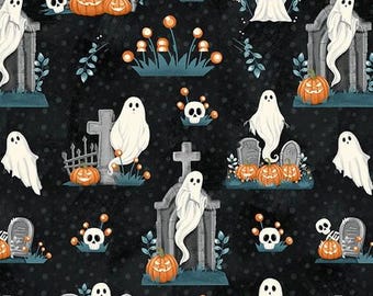 Henry Glass & Co. Ghosts in the Graveyard All Over Ghosts, Pumpkins and Skulls Glow (2024G-99 Black) 1/2-YD Increments*Halloween Fabric*