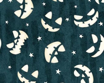 Henry Glass & Co. Ghosts in the Graveyard Jack-O-Lantern Faces Glow (2027G-99 Dark Gray) 1/2-YD Increments*Halloween Fabric*Jack-O-Lantern*