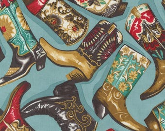 Moda Saddle Ranch Boot Scootin' Pond (33791 17) 1/2-YD Increments* Cowboy Fabric*Cowboy Boot Fabric*Novelty Cowboy*Boots*Western*