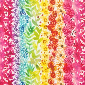 May include: A seamless pattern featuring a rainbow of watercolor flowers and leaves. The pattern is on a white background and features pink, red, orange, yellow, green, blue, and purple flowers.