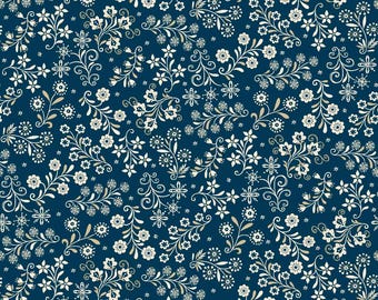 Henry Glass Nordic Holiday Village Floral Vines Blue Cream (3610-77) 1/2-YD Increments