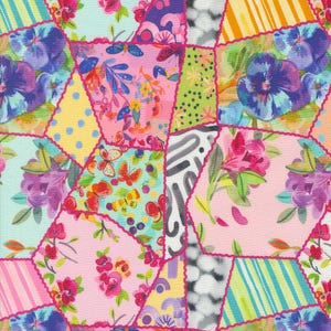 May include: A patchwork fabric with a variety of floral and butterfly designs in pink, blue, green, and yellow. The fabric has a whimsical and colorful aesthetic.