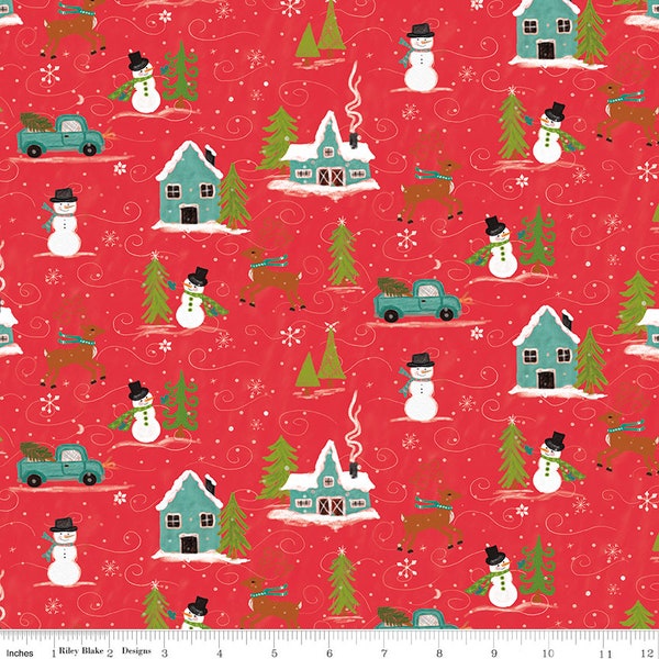 Riley Blake Designs Snowed In Main Red*C10810-RED*1/2 Yard Increments*Snowman Fabric*Vintage Truck Fabric*Pine Tree Fabric*Snowflakes*Snow