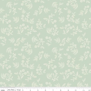 May include: A seamless fabric pattern featuring a repeating design of white stylized floral sprigs on a light green background.