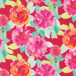 May include: A red background with a watercolor floral pattern. The flowers are pink, orange, and red with green leaves.