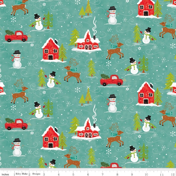 Riley Blake Designs Snowed In Main Glacier*C10810-GLACIER*1/2 Yard Increments*Snowman Fabric*Vintage Truck Fabric*Pine Tree Fabric*Snowflake