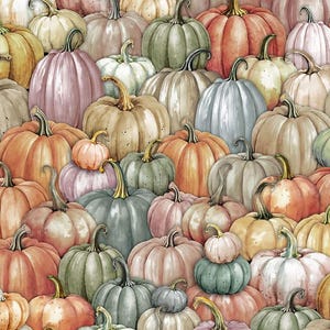 May include: A watercolor illustration of various pumpkins in shades of orange, green, pink, and cream. The pumpkins vary in size and shape, with some having curved stems. The overall theme is autumn and harvest.