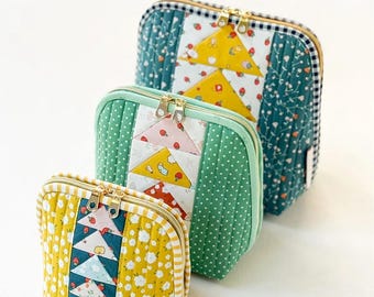 Flying Geese Pouch Trio Pattern from Sewing Illustration by Minki Kim*Quilted Belt Bag*Belt Bag Pattern*Sling Bag Pattern*Fanny Pack Bag