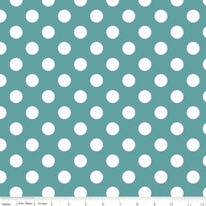 May include: Teal fabric with a white polka dot pattern. The fabric is 12 inches wide and has a repeating pattern of white circles on a teal background.