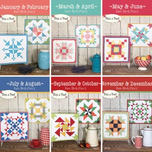 May include: A collection of colorful, seasonal quilt block patterns, each with a unique geometric design. The image features six mini quilt blocks, each with a different color scheme and design, with text that reads "January & February" to "November & December".
