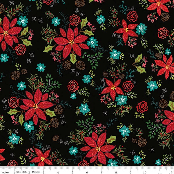 Riley Blake Designs Snowed In Floral Black*C10811-BLACK*1/2 Yard Increments*Snowed In Poinsettias*Poinsettia Fabric*Christmas Floral*Holiday