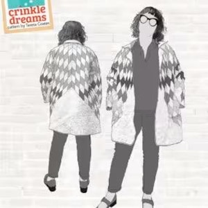 May include: Illustration of two figures wearing quilted coats with a diamond pattern. The image includes text that reads "Lone Star Quilted Elements" and "crinkle dreams." The text at the bottom says, "Create a quilt coat without making a whole quilt."