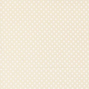 May include: A piece of fabric featuring a repeating pattern of small, white, five-pointed stars evenly spaced across a solid, light beige background. The textile has a visible woven texture, creating a consistent and uniform design throughout the surface.