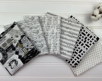 Moda Sable & Swan Black Fat Quarter Bundle (CC 7441) Low Volume*Blender*Background Fabric*Crossword Puzzle*Collage*Newspaper Print*Music