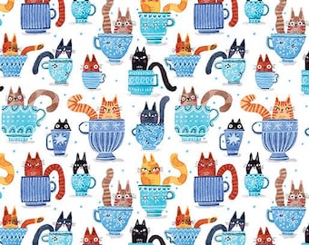 Benartex Garden Cats Teacup Cats Blue/Multi (16347-55) 1/2-YD Increments*Cat Fabric*Garden Cats*Cats*Cat Print*Cats in Teacups*Cat Lovers*