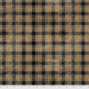 May include: A black and orange plaid fabric with a distressed, vintage look. The fabric has a subtle texture and a faded appearance.