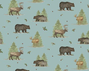 Riley Blake Designs Let's Get Lost in the Woods Main Vintage Blue (C15120-VINTAGEBLUE) 1/2-YD Increments*Cabin Print*Big Game Fabric*Forest*