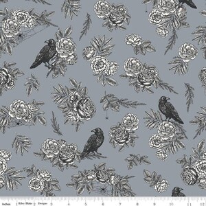 May include: A fabric pattern featuring a repeating design of black crows, roses, spiderwebs, and foliage on a gray background. The floral and avian elements are detailed in a vintage, engraved style. The design includes the text "Riley Blake Designs".