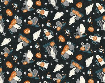 Henry Glass & Co. Ghosts in the Graveyard Tossed Ghosts Glow (2026G-99 Black) 1/2-YD Increments*Halloween Fabric*Ghosts