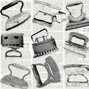 May include: A collection of vintage iron designs, including a variety of irons with different handles and shapes. The irons are printed in black and white on a page of text from an old book about ironing.
