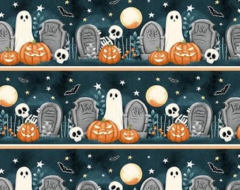 Henry Glass & Co. Ghosts in the Graveyard Novelty Graveyard Stripe (2022G-39 Multi) 1/2-YD Increments*Halloween Fabric*Pumpkin Fabric*Boo*
