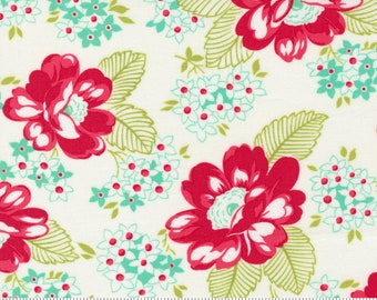 3/4-YD Bolt End Moda One Fine Day Sunnyside Cream*55230 17*Bonnie & Camille Floral*One Fine Day*Large Floral Print*Red Floral on Cream*
