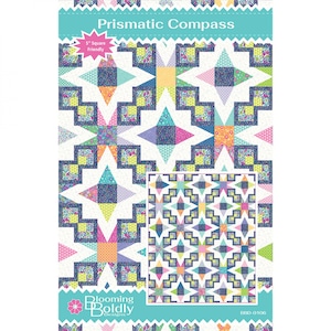 May include: A quilting pattern called "Prismatic Compass" by Blooming Boldly Designs. The pattern features a colorful geometric design with a starburst motif. The pattern is 5" square friendly and has the number BB0-0106 printed on it.