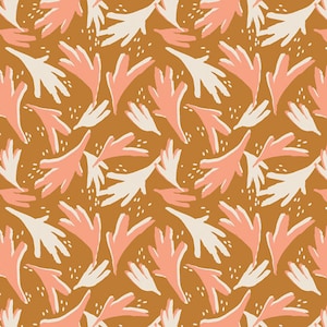 May include: A seamless pattern featuring abstract stylized leaves in shades of pink, white, and brown. The background is a warm brown color.